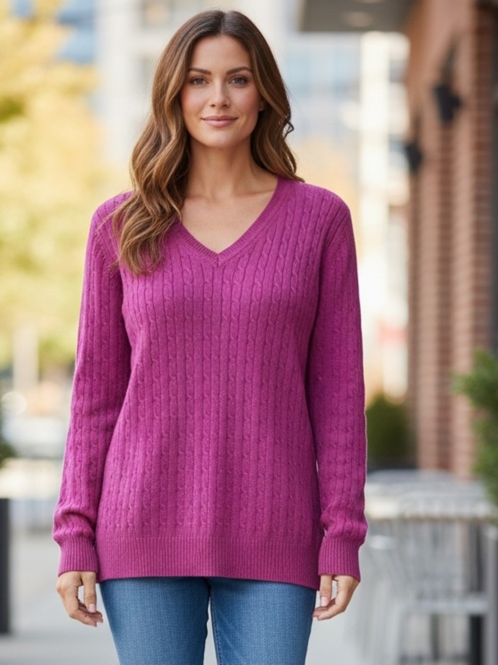 Kim Rogers Petite XL Pink 100% Cotton Cable Knit V-Neck Sweater PXL Preppy